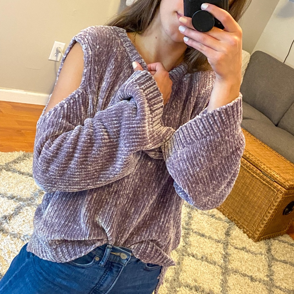 Express Purple Bell Sleeve Cold Shoulder Sweater